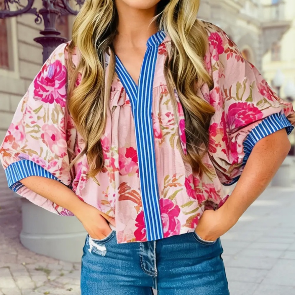 Pink Floral Peasant Top with Blue Stripe Trim